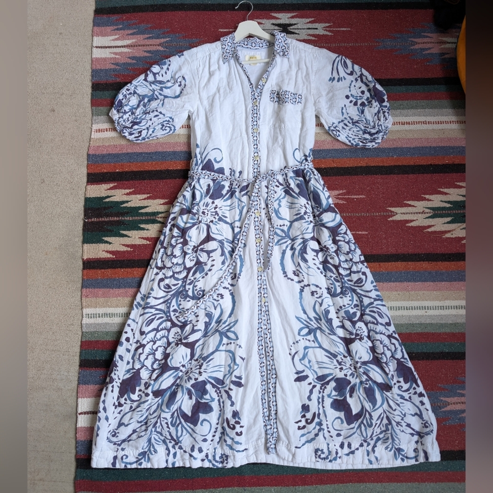Anthropologie Maeve White Maxi Dress with Navy Floral Border